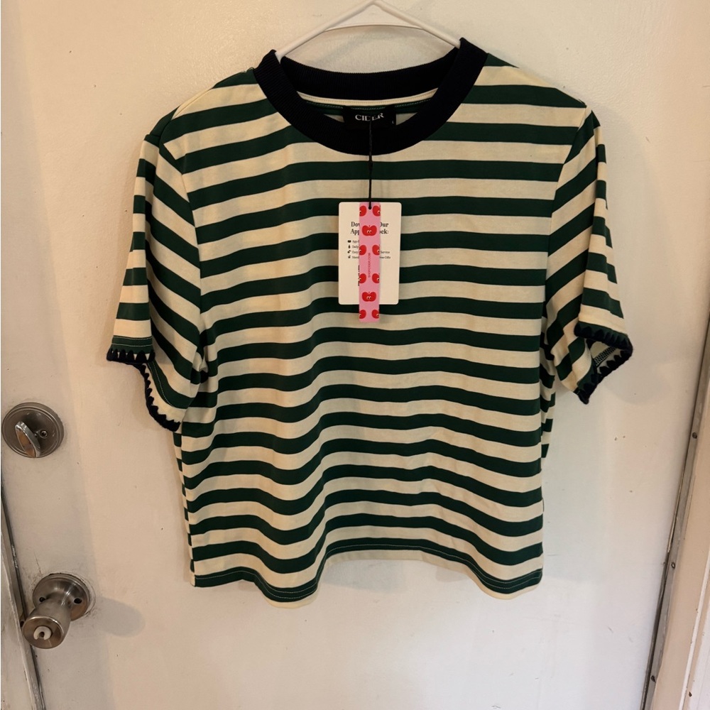 Green and Cream Striped Women's Top